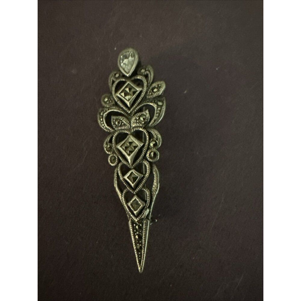 Vintage Mid Century Art Deco Hearts Sterling Silver Marcasite Brooch
